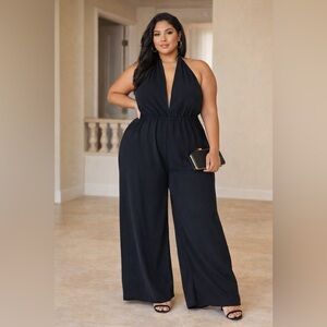 SHEIN Curve Black Halter Neck Wide Leg Jumpsuit | Size 3XL